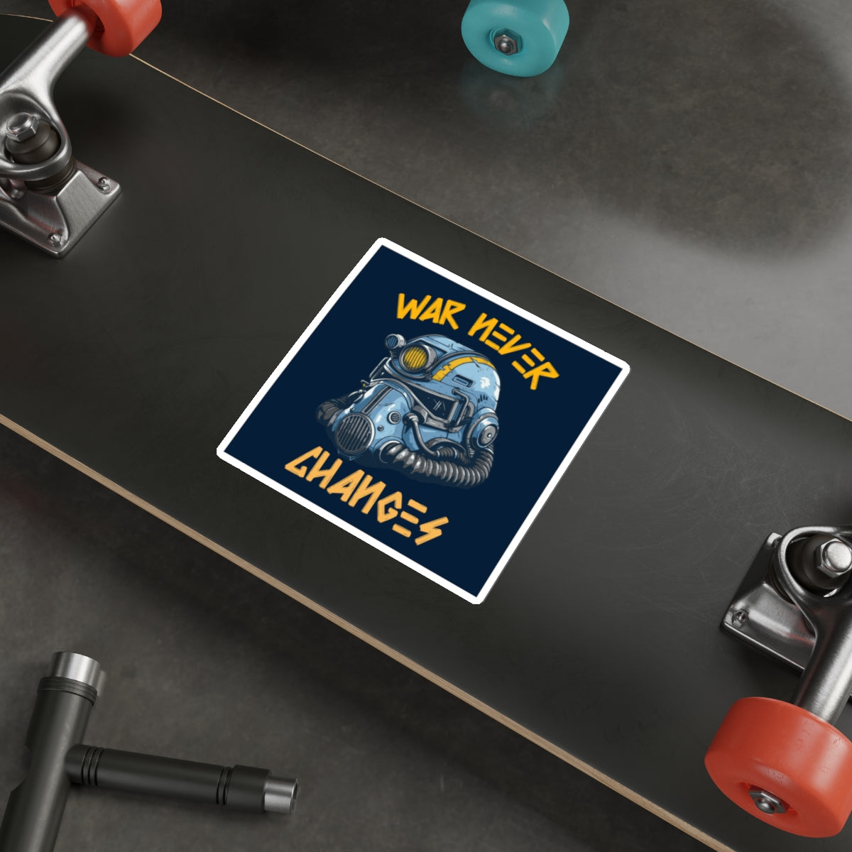 Die-Cut Sticker — Fallout Retro Power Armor Helmet with “War Never Changes” Quote