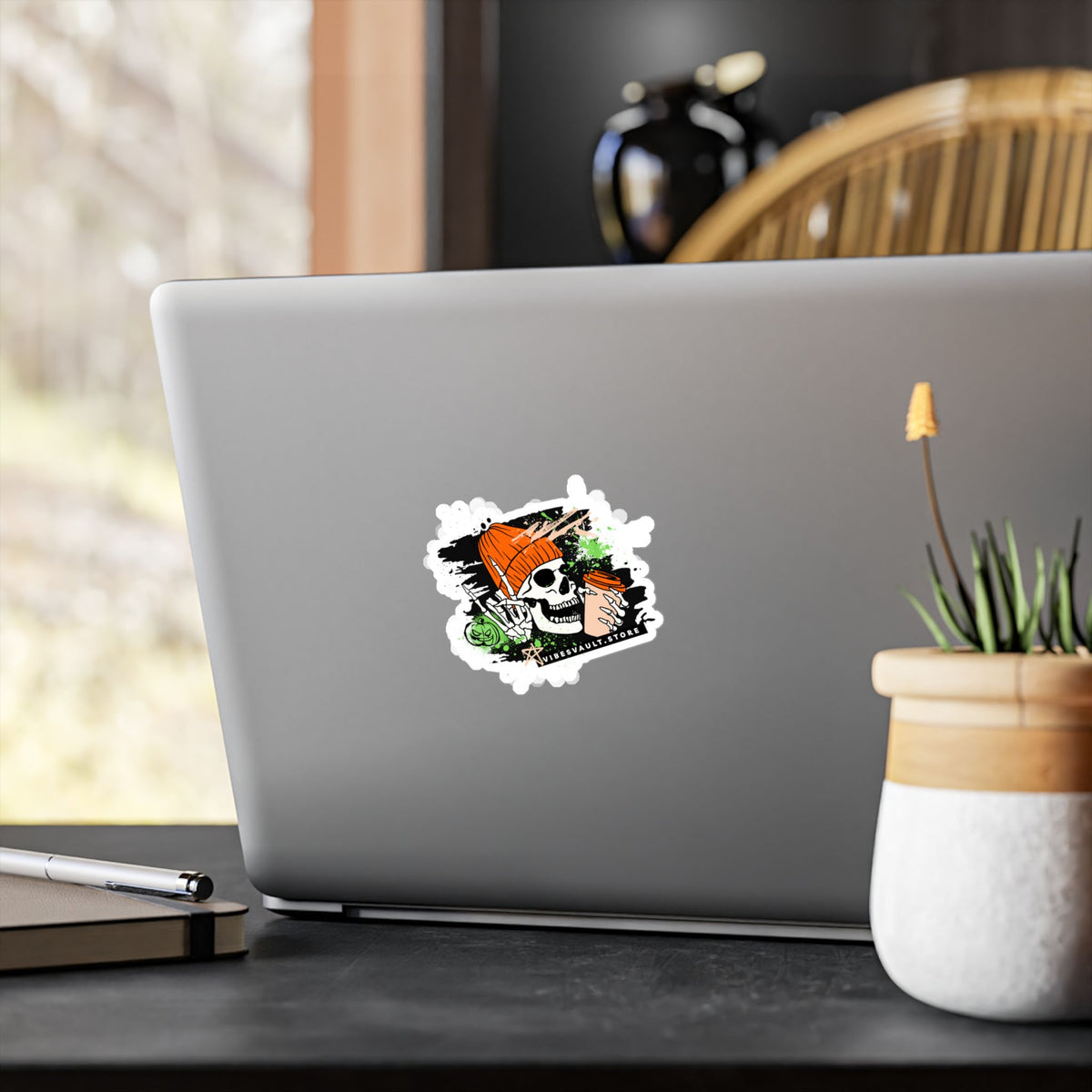 Skull Coffee Sticker — Halloween Skull with Beanie & Pumpkin Kiss-Cut Vinyl Decal— Halloween 2026