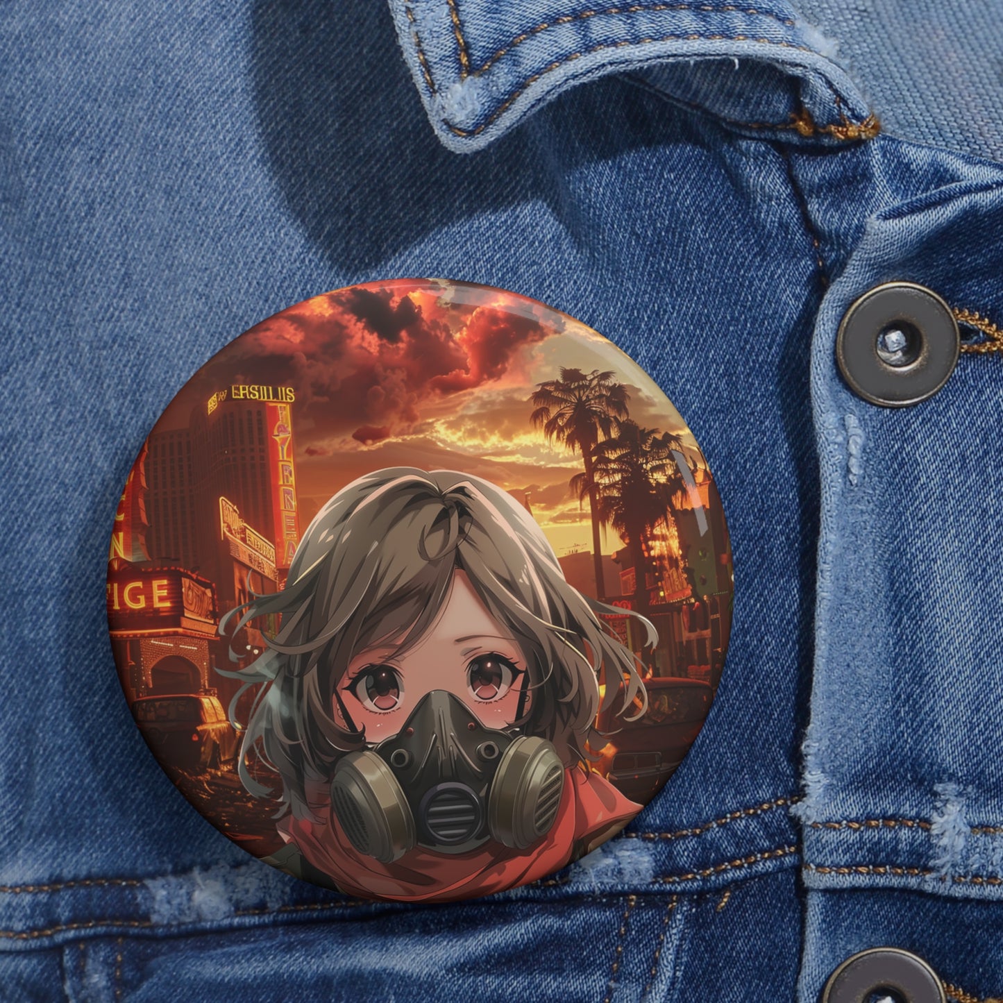 Anime Girl Gas Mask Pin Button — Fallout Post-Apocalyptic Cute Badge