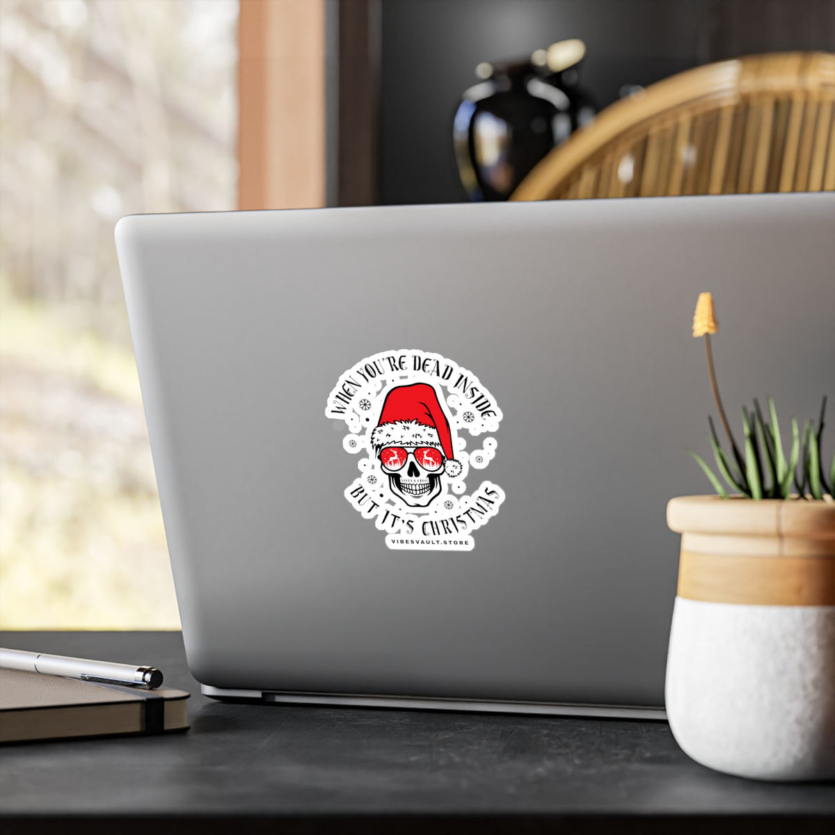 Gothic Christmas Skull Sticker — "When You're Dead Inside But It's Christmas" Vinyl Decal
