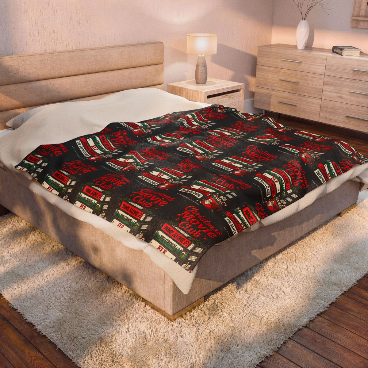 Velveteen Plush Blanket — Christmas Movie Club VHS Pattern Holiday Throw