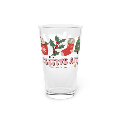Festive AF Pint Glass — 16oz Christmas Holiday Beer Glass with Cozy Cocoa & Stocking Design