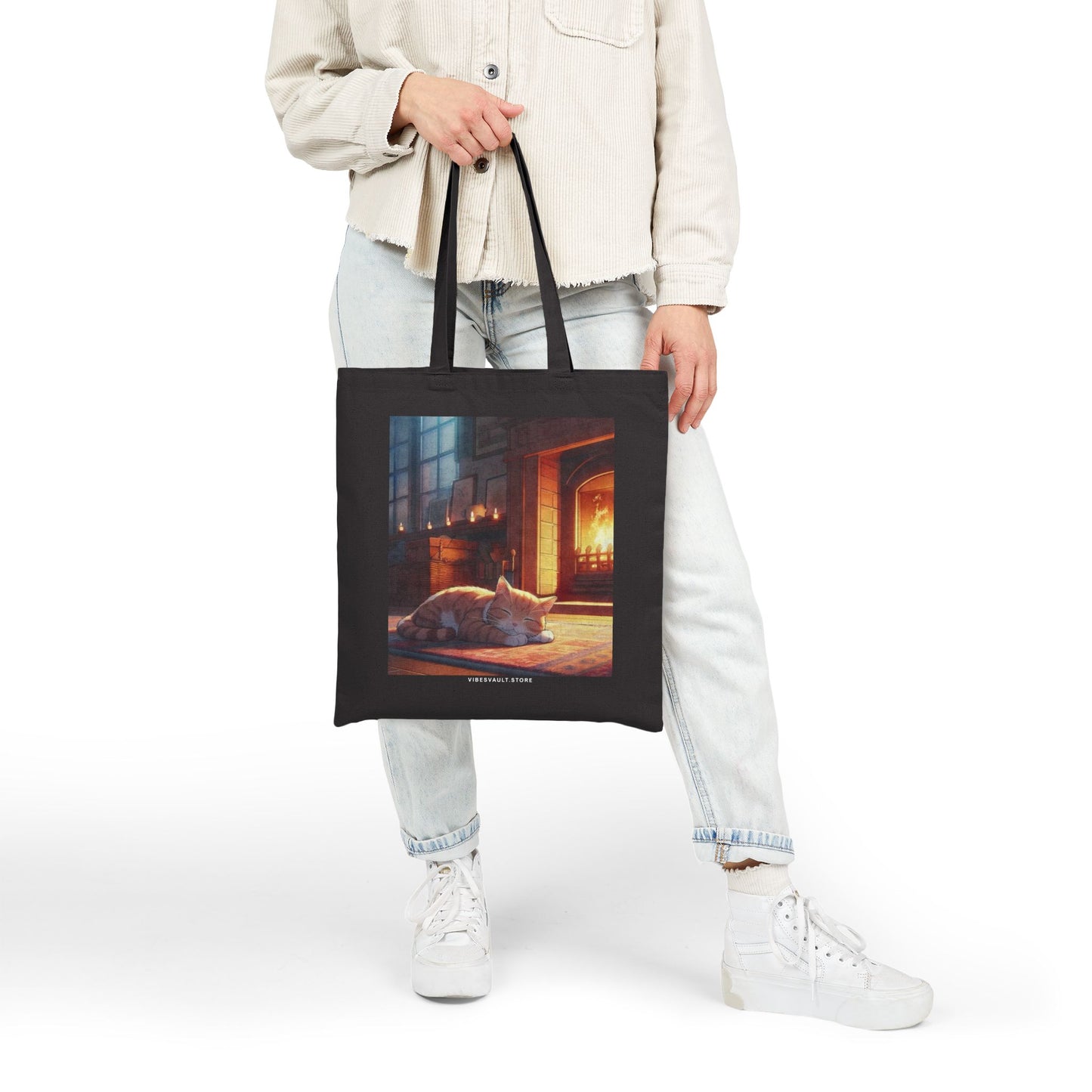 Cozy Fireplace Cat Canvas Tote Bag — 'I Could Stay Here' Autumn Bookbag