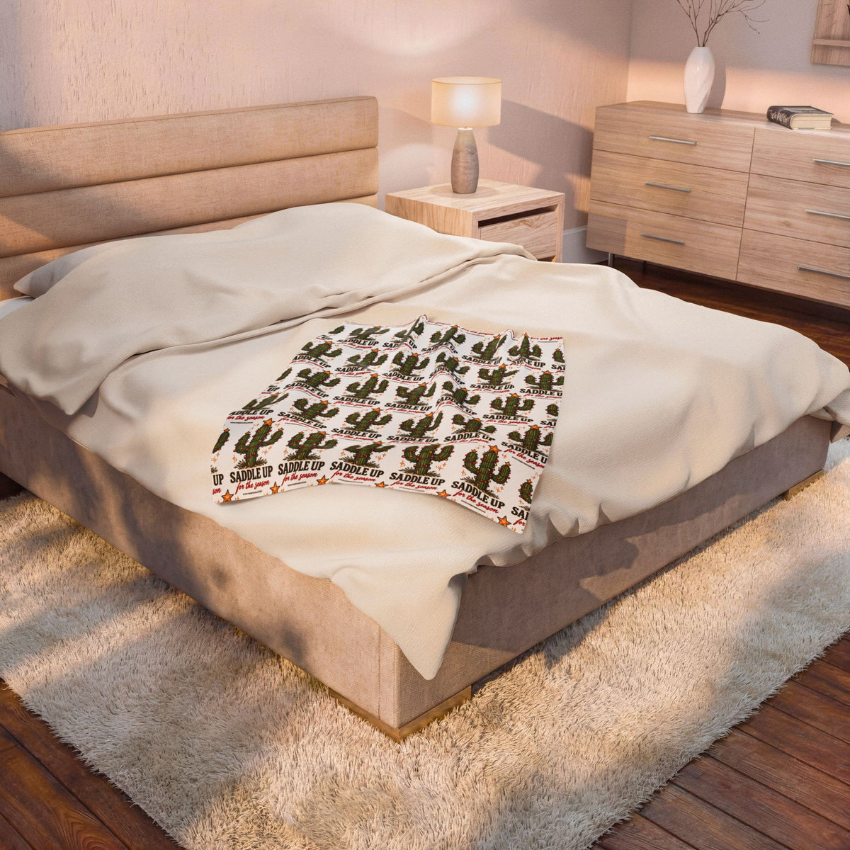 Velveteen Plush Blanket – Christmas Cactus “Saddle Up” Western Holiday Design