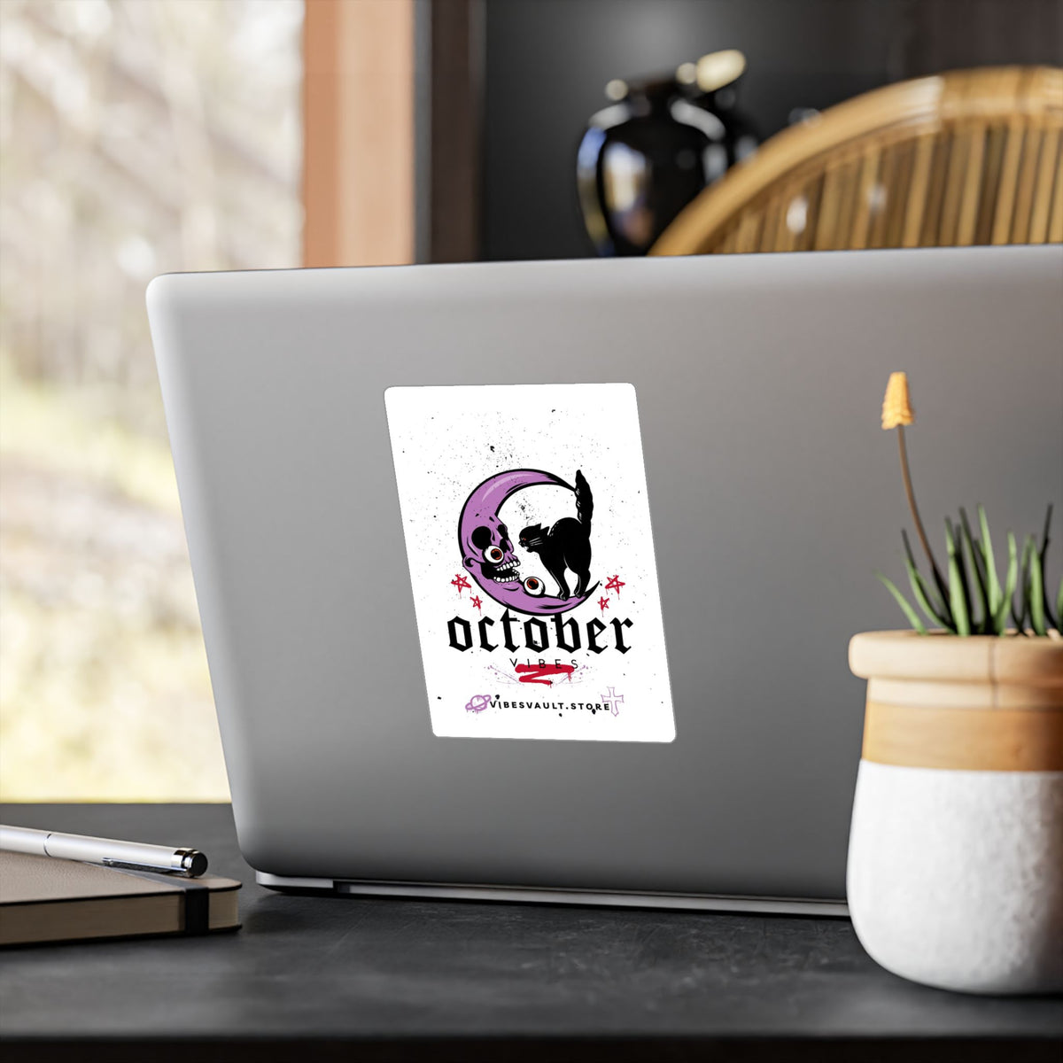 October Vibes Kiss-Cut Vinyl Decal — Halloween Moon Cat Skull Sticker