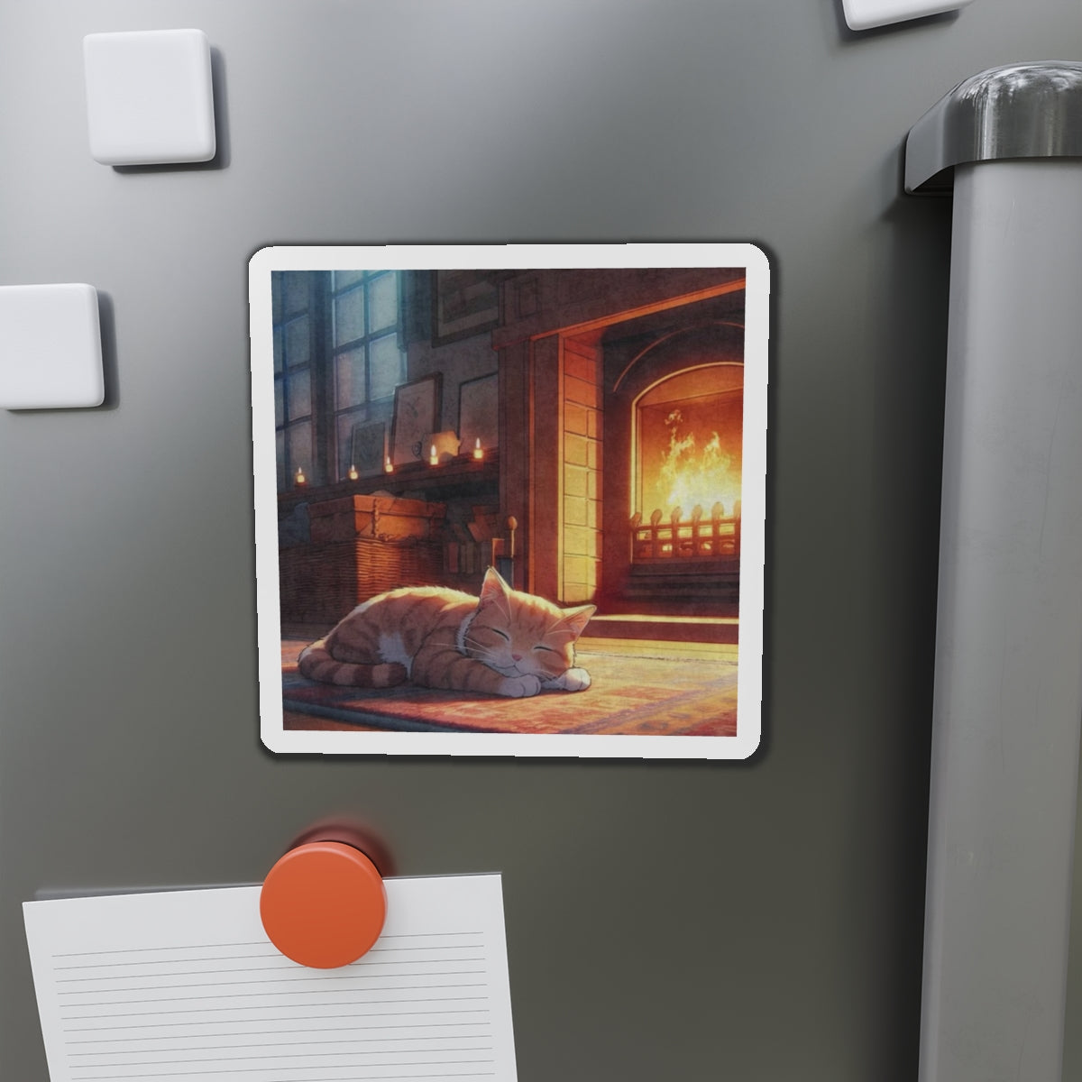 Cozy Fireplace Cat Die-Cut Magnet — Sleeping Kitten Home Décor