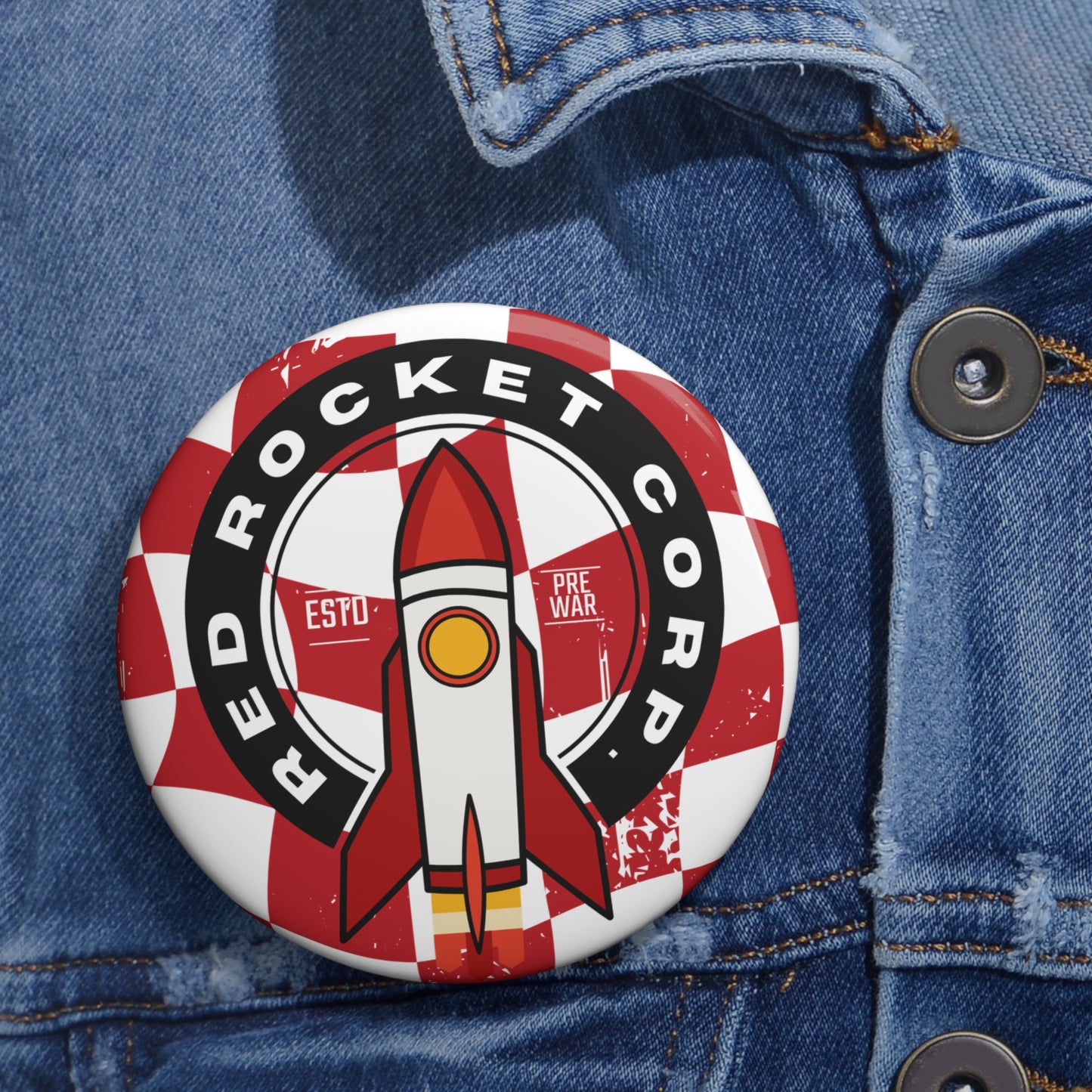 Red Rocket Corp Fallout Round Pin Button — Retro Space Rocket Video Game Badge