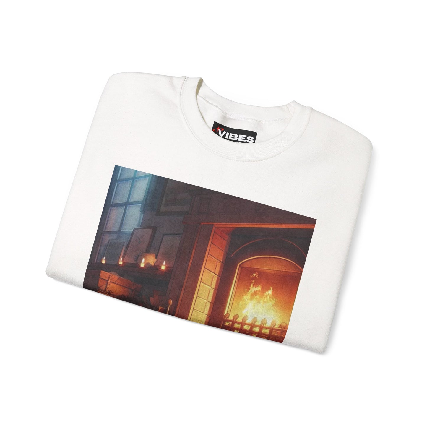 Crewneck Sweatshirt — Cozy Cat by the Fireplace Graphic