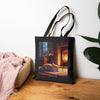 Cozy Fireplace Cat Canvas Tote Bag — 'I Could Stay Here' Autumn Bookbag