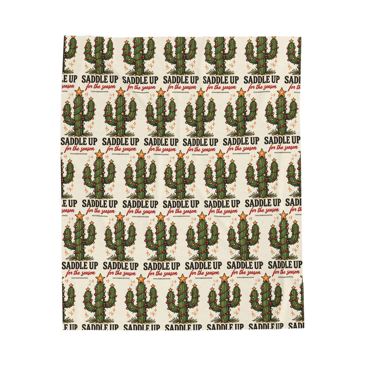 Velveteen Plush Blanket – Christmas Cactus “Saddle Up” Western Holiday Design