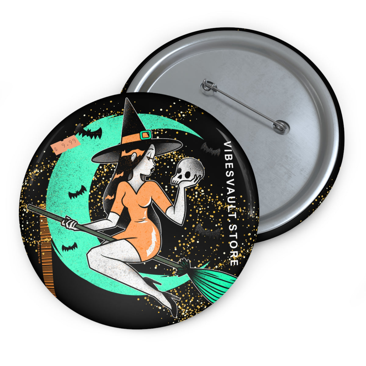 Witch Flying Broom - Orange and Green Stars Magic - Dracula Pin Badge - Fall Halloween 2026