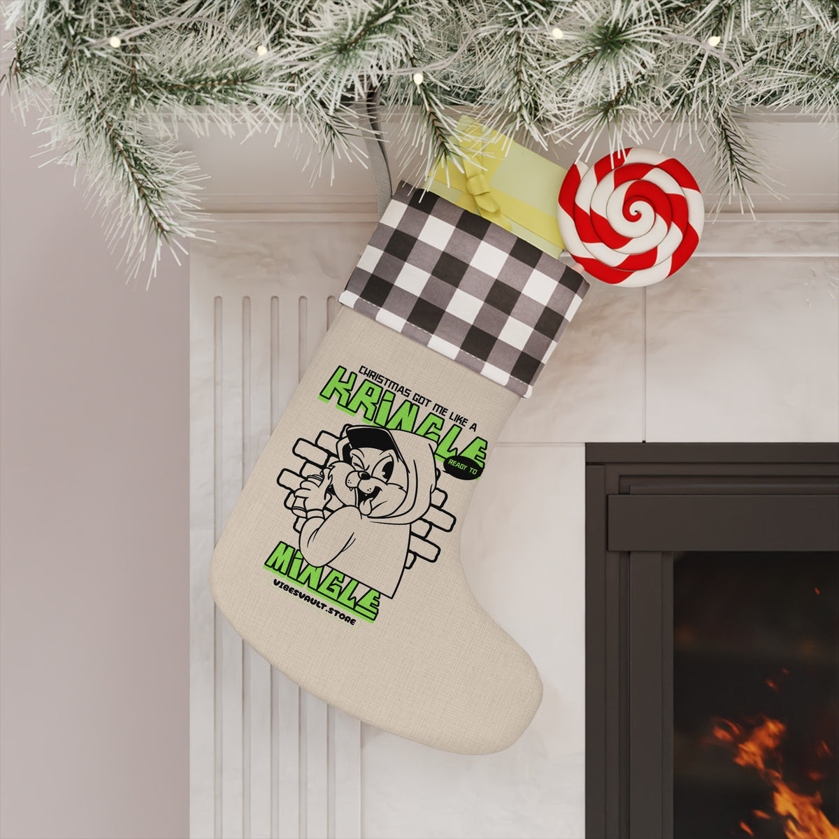 Kringle Minele Christmas Stocking — Retro Grinch Cartoon Holiday Stocking with Buffalo Check Cuff