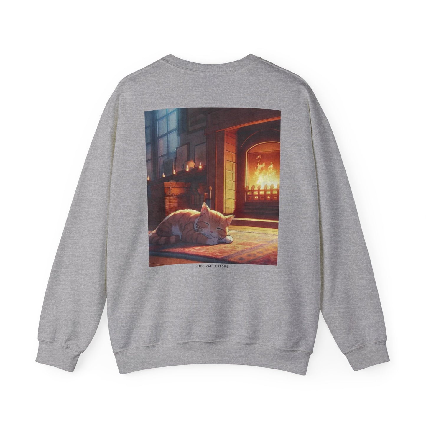 Crewneck Sweatshirt — Cozy Cat by the Fireplace Graphic
