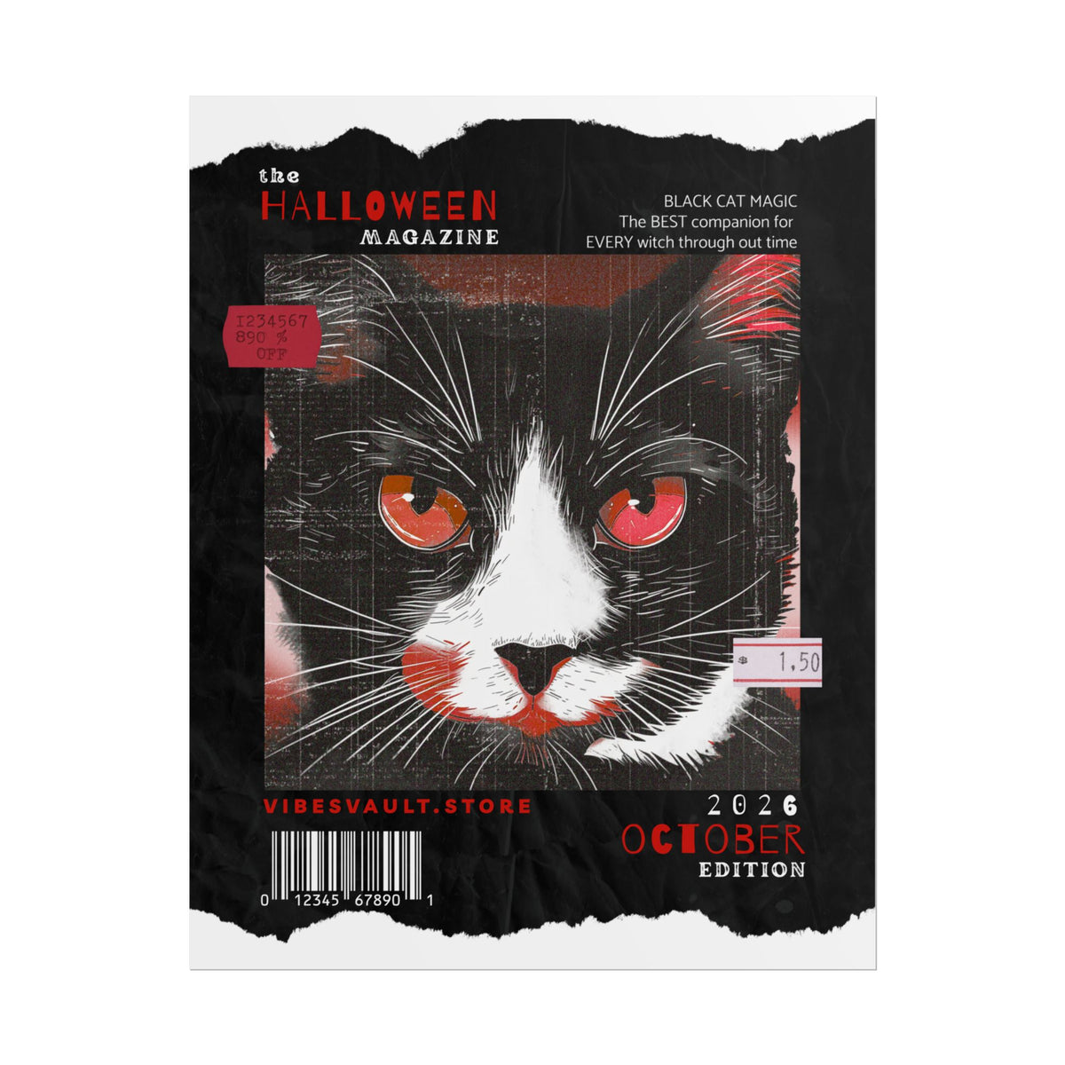Red Halloween Cat Poster - "Black Cat Magic" October Magazine Cover