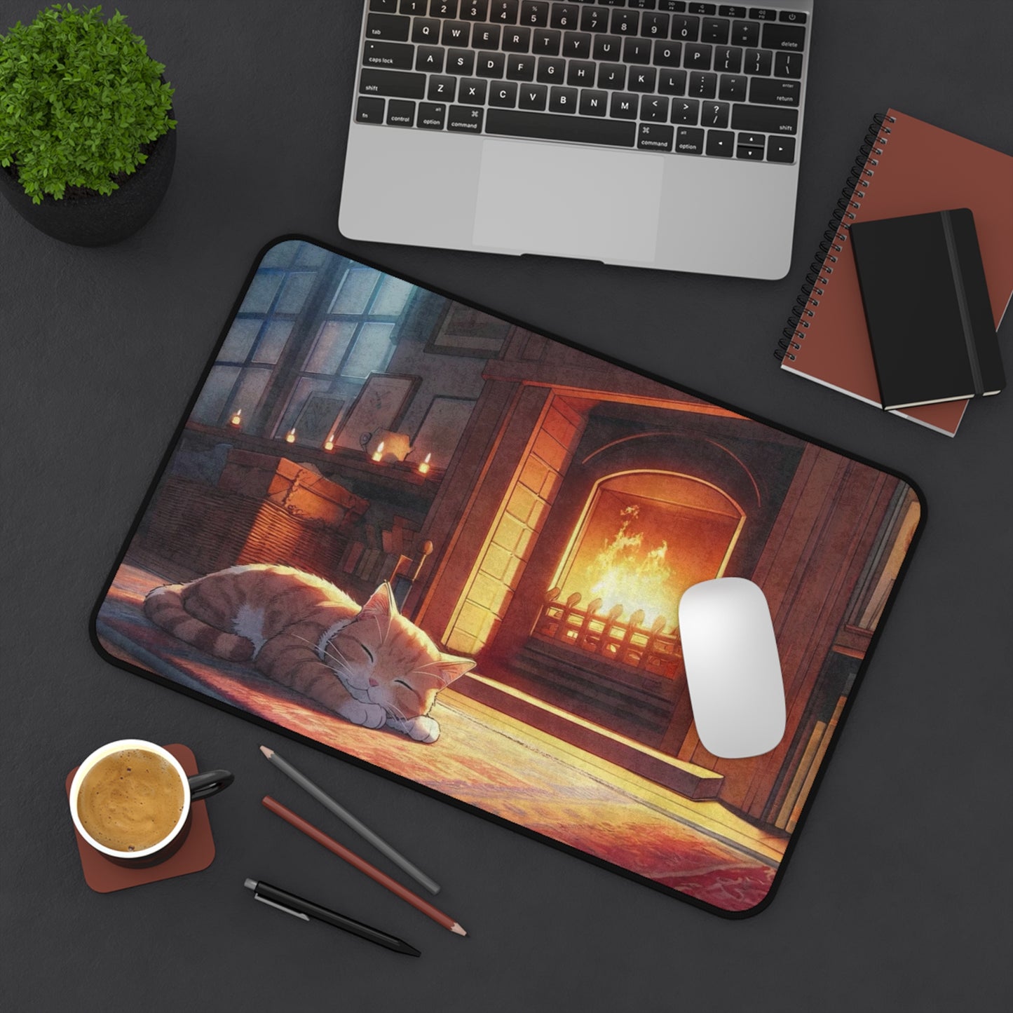 Cozy Fireplace Cat Desk Mat — Warm Cat Nap Mousepad