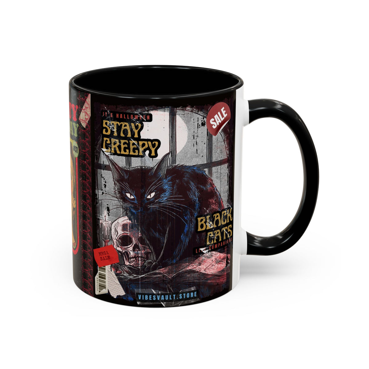 3 Book Covers Retro Vampire, Death and Black Cats Mug — Two-Tone Accent 11/15oz - Fall Halloween 2026