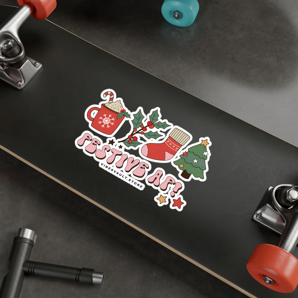 Christmas Sticker Festive AF — Holiday Kiss-Cut Vinyl Decals (Mug, Stocking, Holly & Tree)