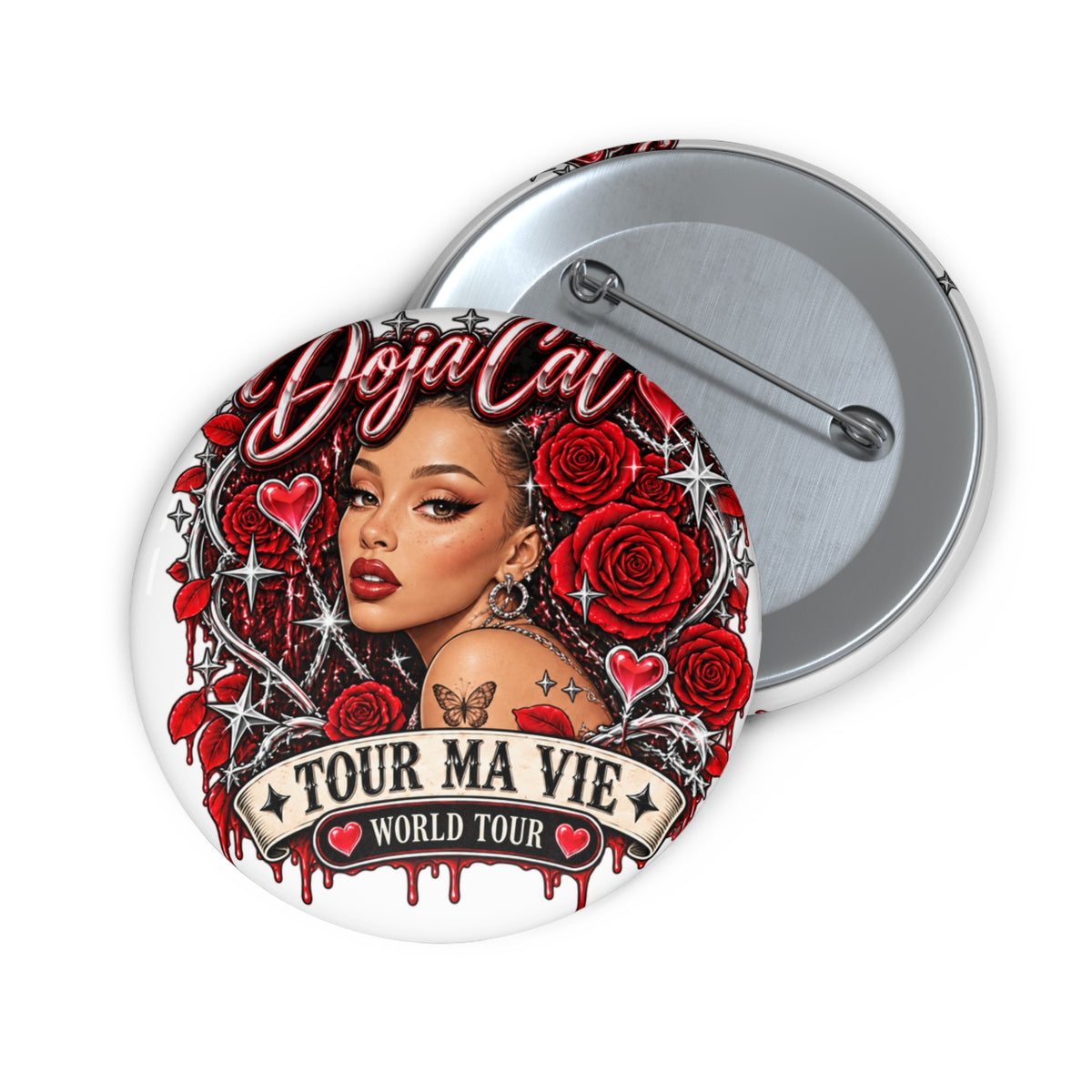 Red Roses Chrome Portrait Custom Pin Buttons