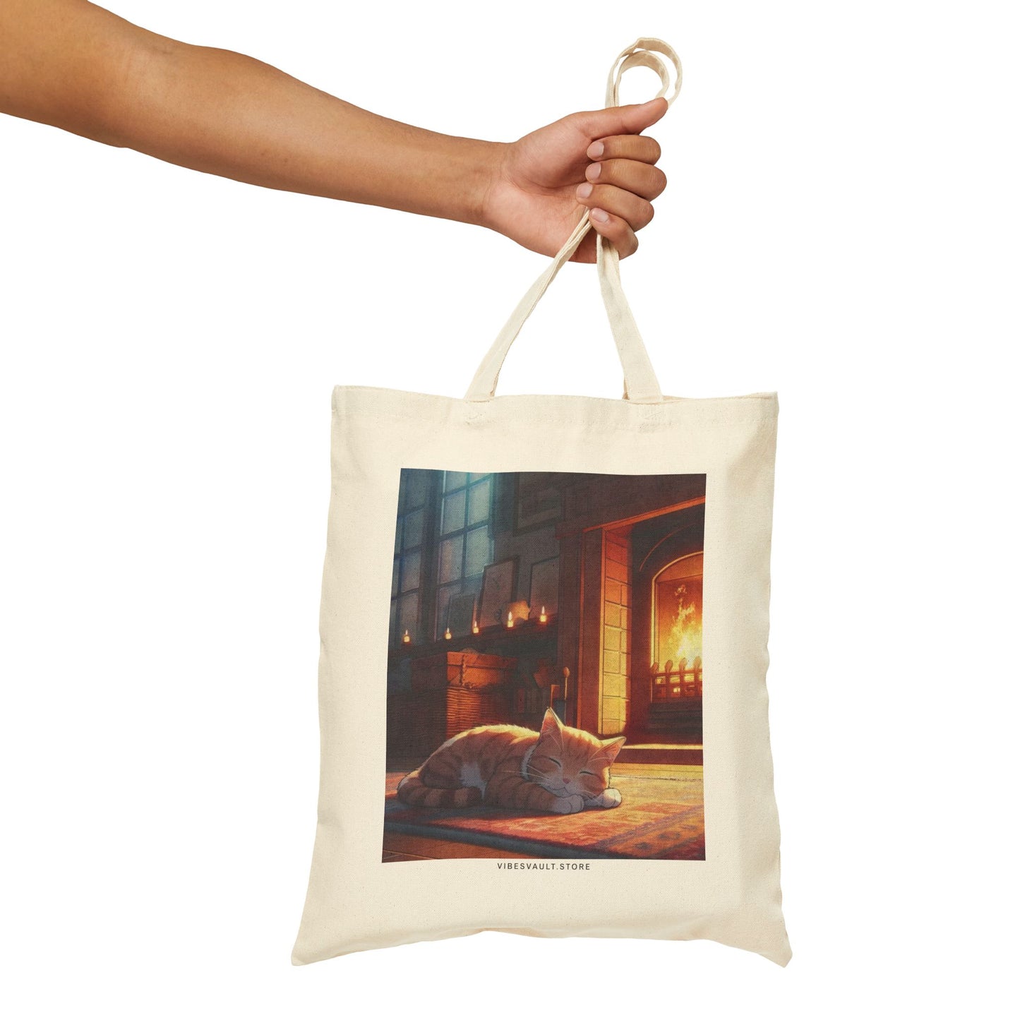 Cozy Fireplace Cat Canvas Tote Bag — 'I Could Stay Here' Autumn Bookbag