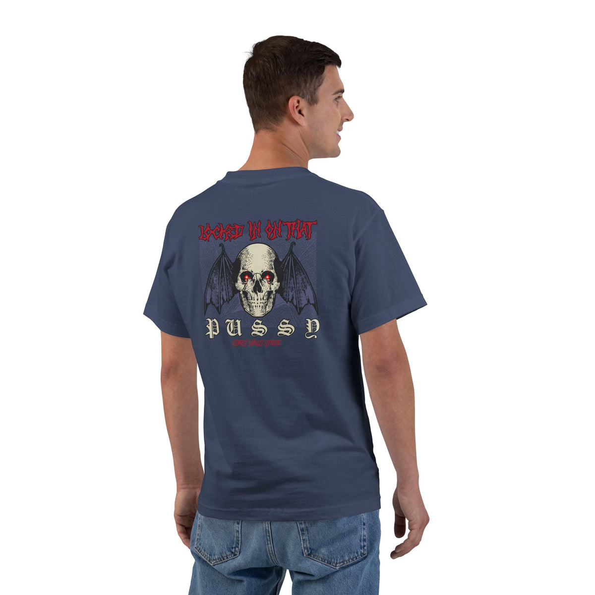 "Locked in on that Pussy" Humor Bat Skull - T-shirt Top - Retro Graphic Tee - Fall Halloween 2026