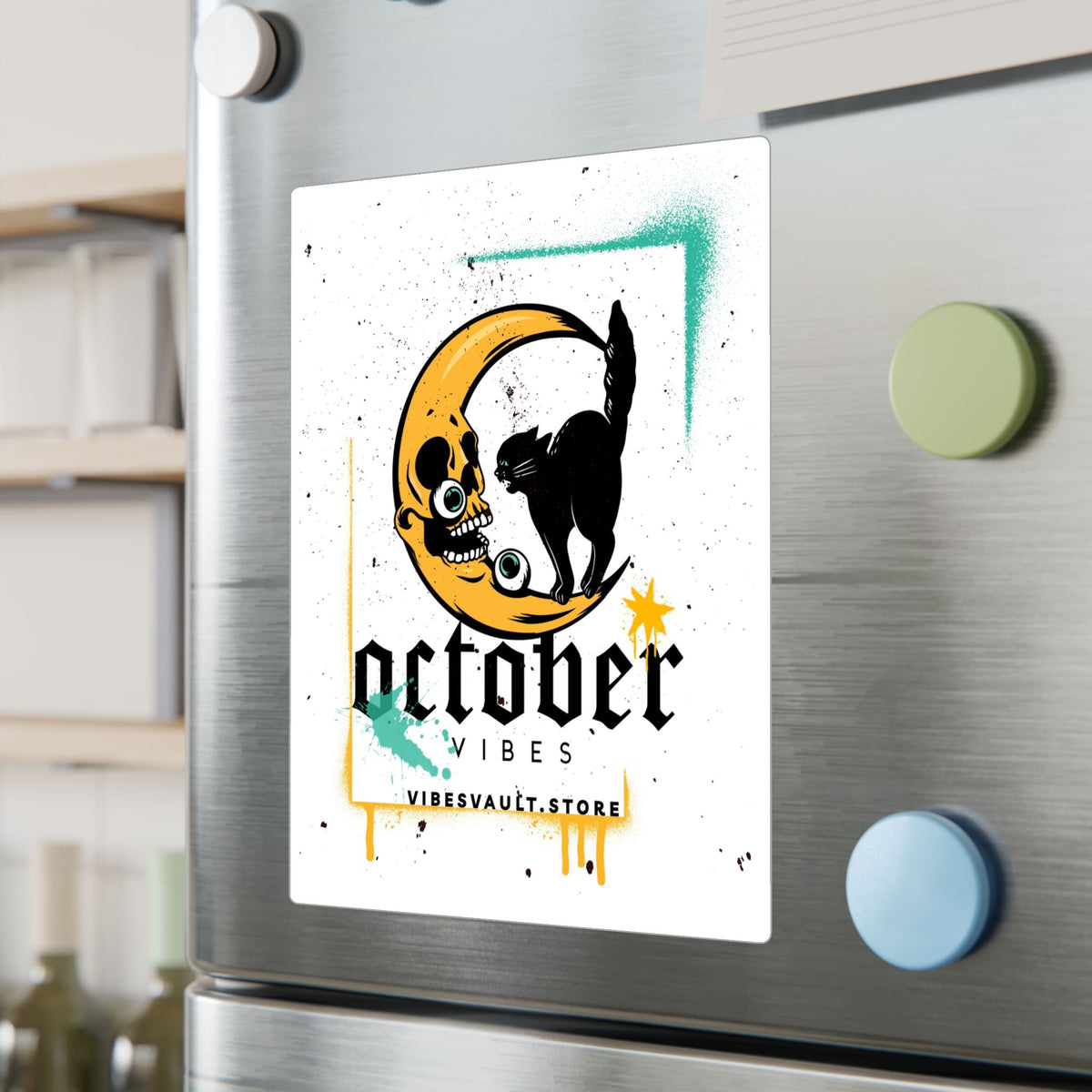 October Vibes Kiss-Cut Vinyl Sticker — Gothic Moon Cat Fall Decal— Halloween 2026