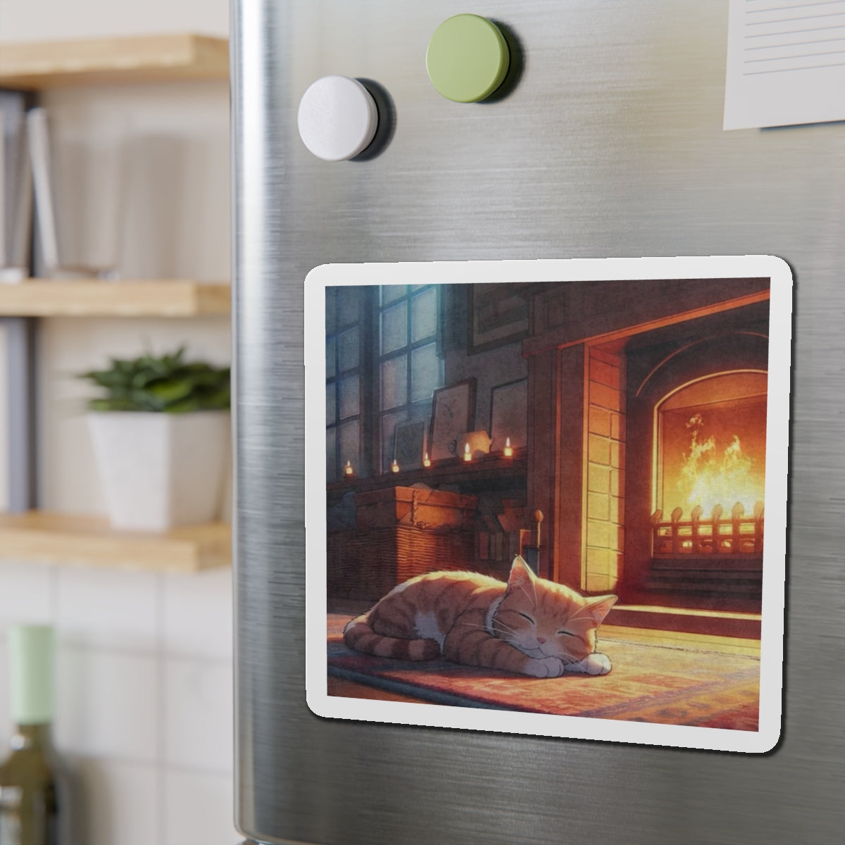 Cozy Fireplace Cat Die-Cut Magnet — Sleeping Kitten Home Décor