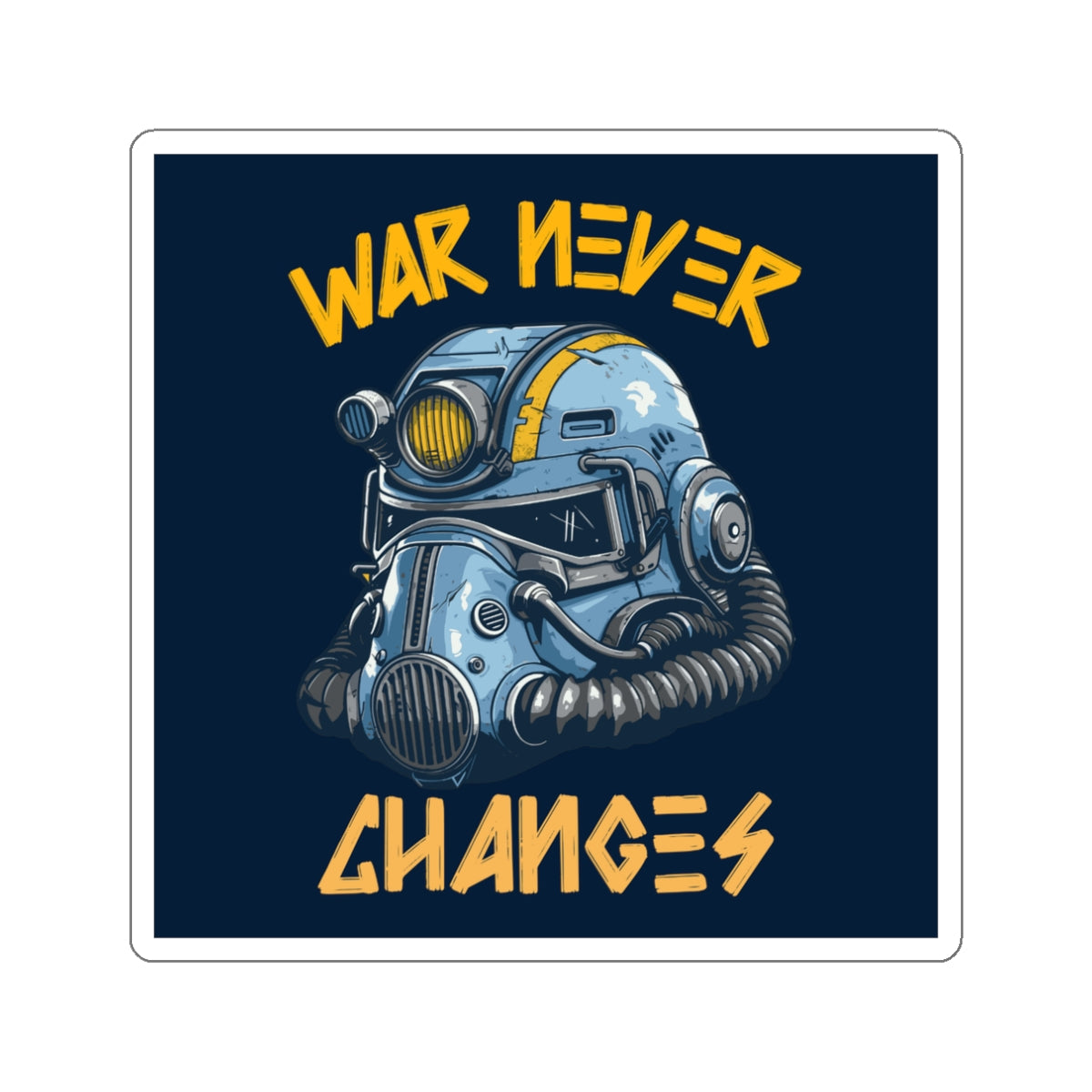 Die-Cut Sticker — Fallout Retro Power Armor Helmet with “War Never Changes” Quote