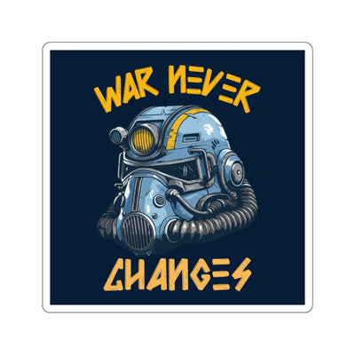 Die-Cut Sticker — Fallout Retro Power Armor Helmet with “War Never Changes” Quote