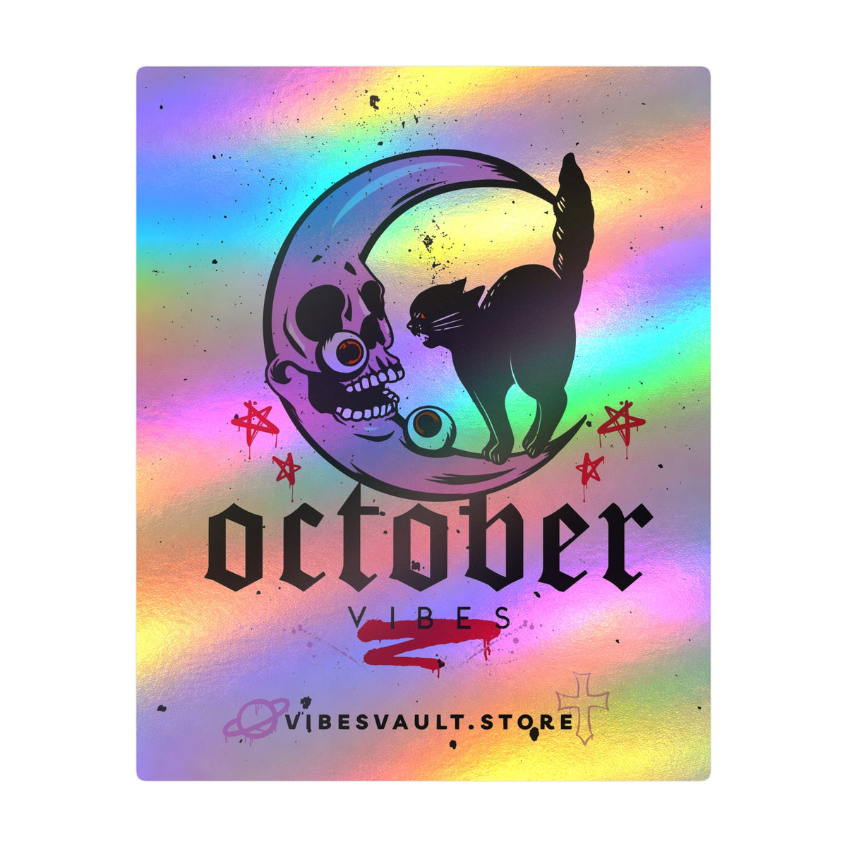 October Vibes Kiss-Cut Vinyl Decal — Halloween Moon Cat Skull Sticker
