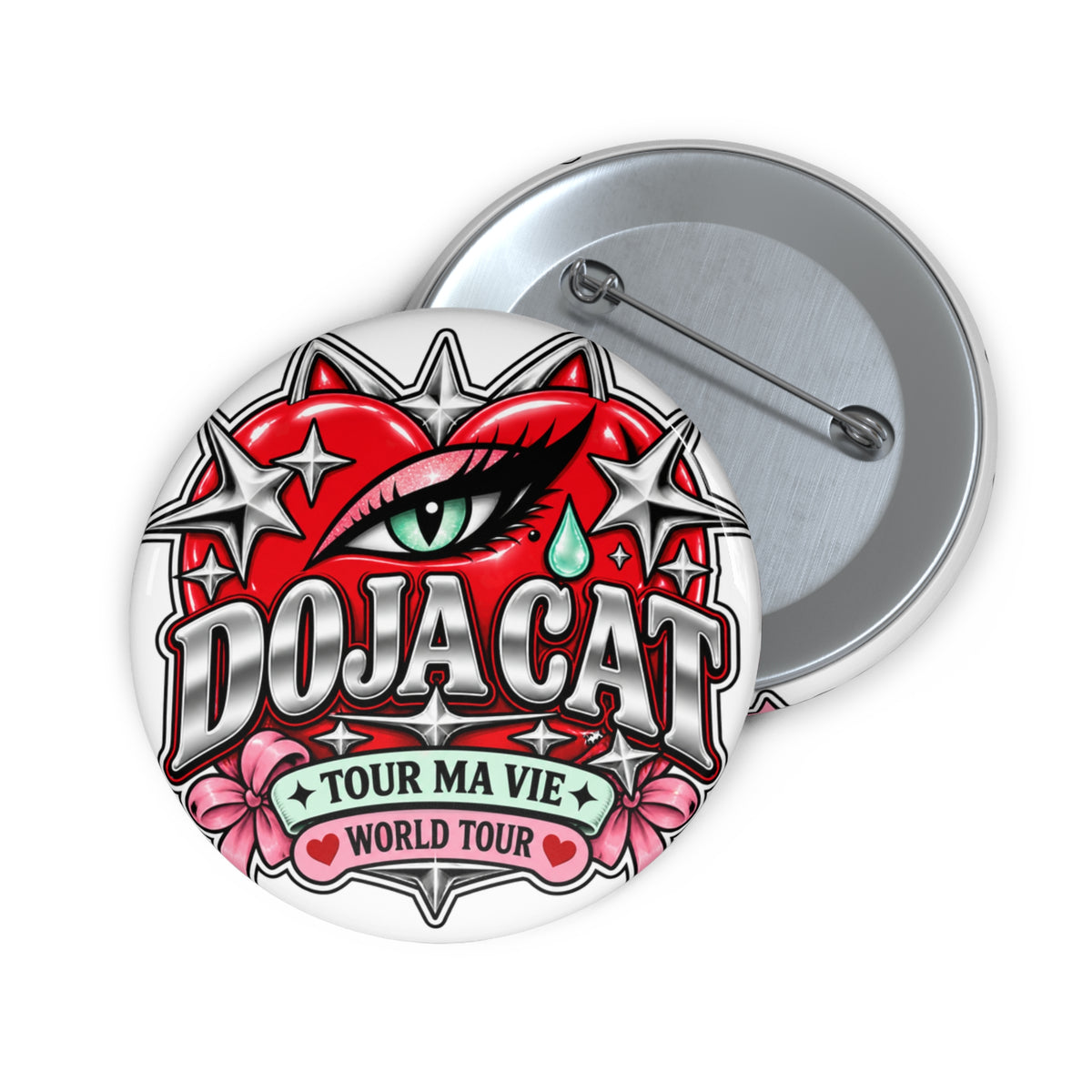 Red Heart Chrome Eye Custom Pin Buttons