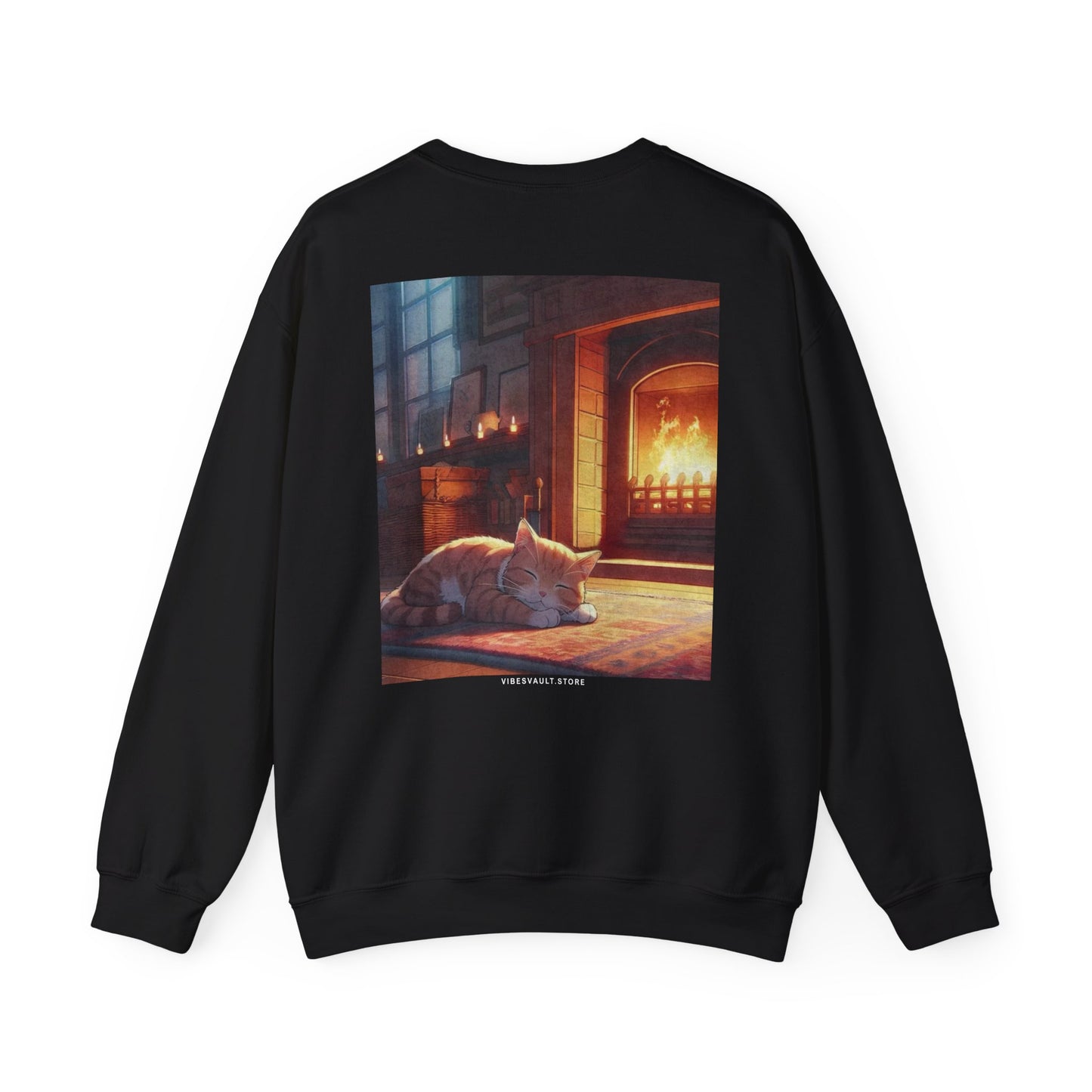 Crewneck Sweatshirt — Cozy Cat by the Fireplace Graphic