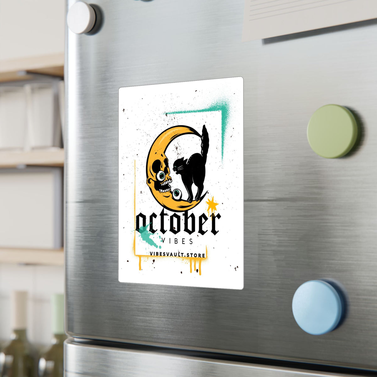 October Vibes Kiss-Cut Vinyl Sticker — Gothic Moon Cat Fall Decal— Halloween 2026