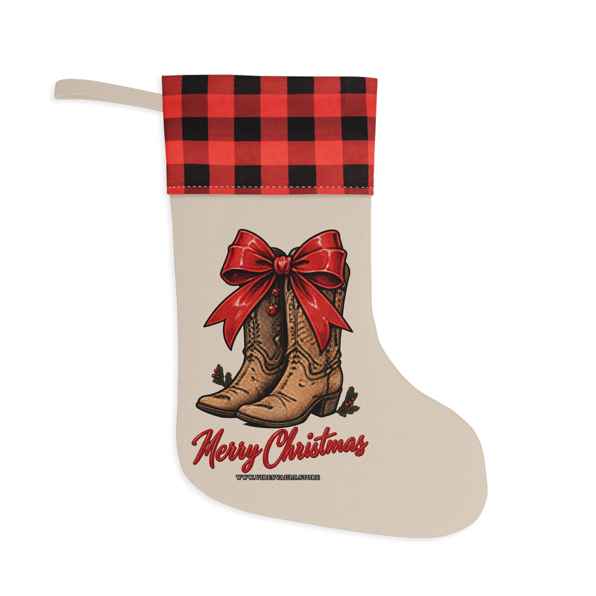 Cowboy Boots Christmas Stocking — Buffalo Plaid Cuff, "Merry Christmas"