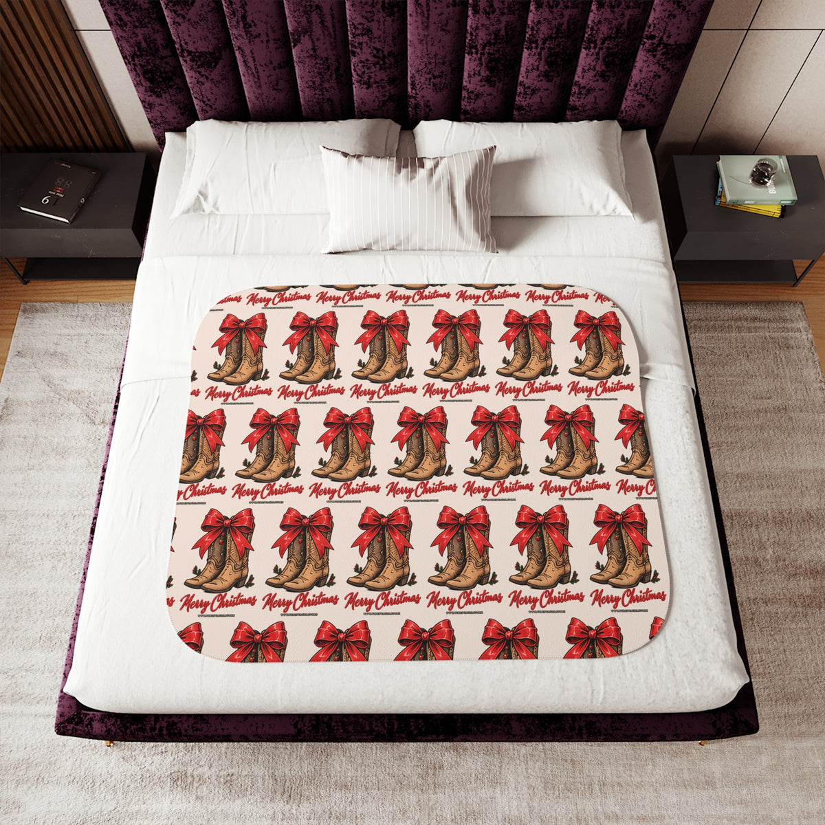 Christmas Cowboy Boots Sherpa Blanket – Merry Christmas Red Bow Holiday Throw