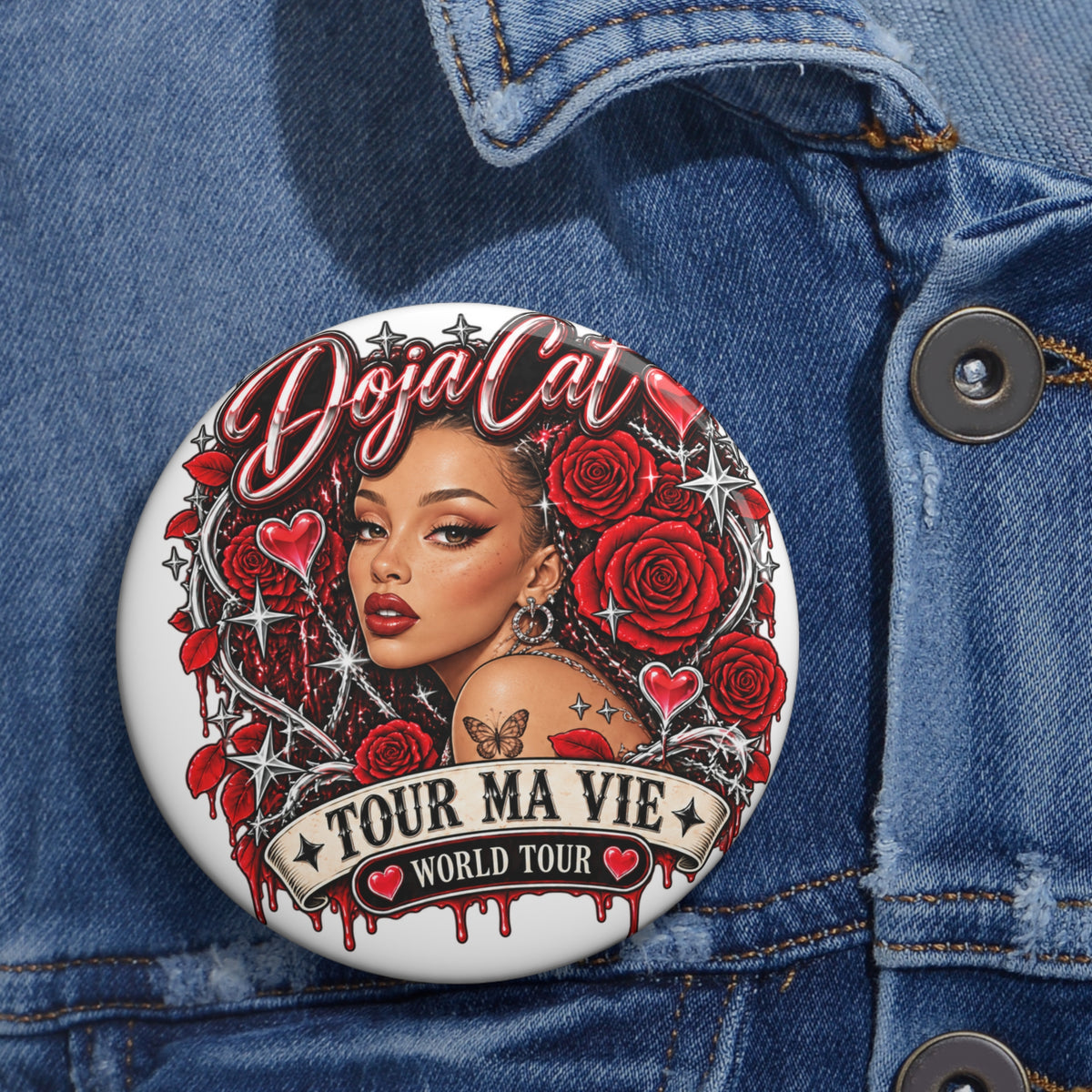 Red Roses Chrome Portrait Custom Pin Buttons