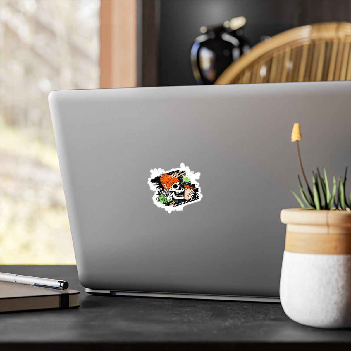 Skull Coffee Sticker — Halloween Skull with Beanie & Pumpkin Kiss-Cut Vinyl Decal— Halloween 2026