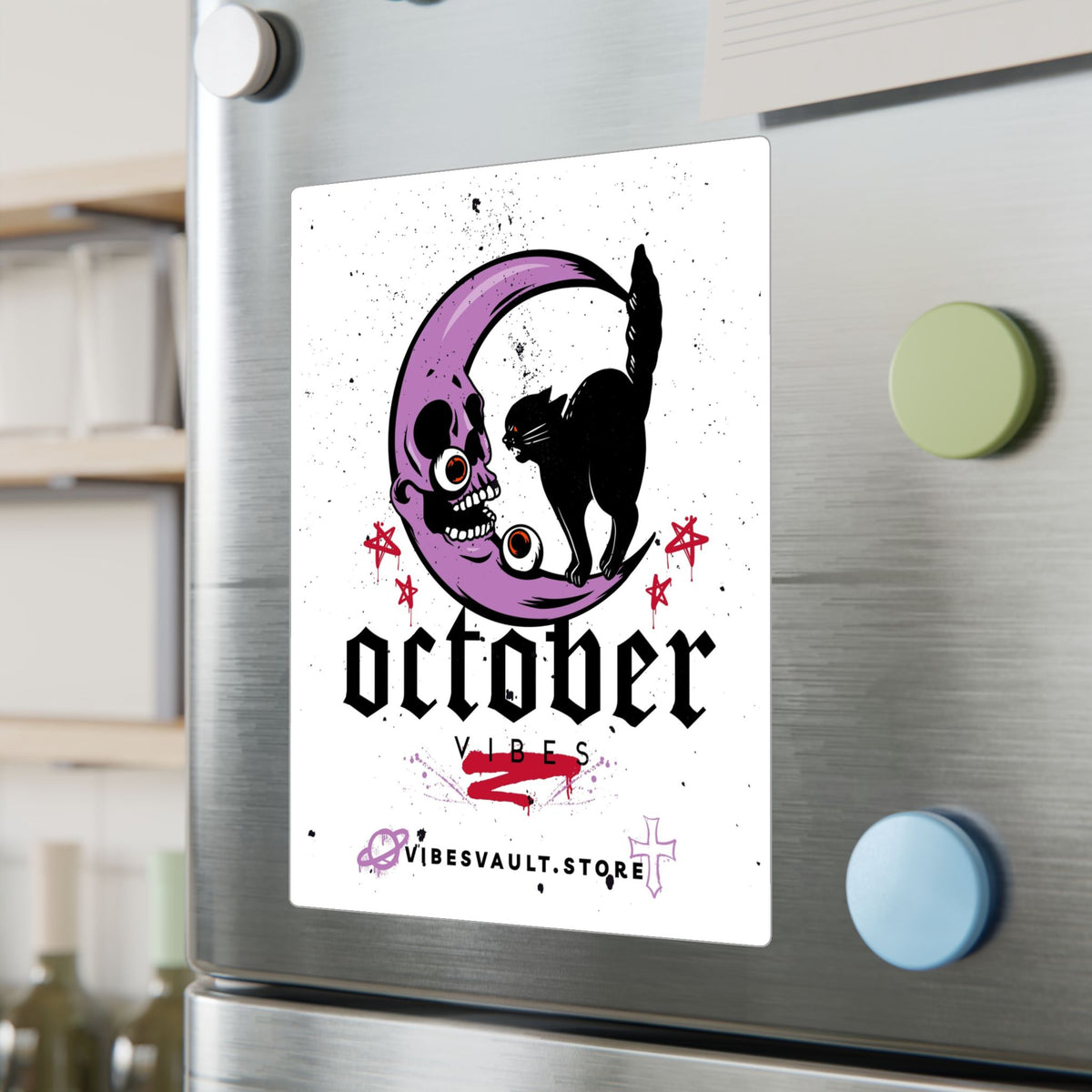 October Vibes Kiss-Cut Vinyl Decal — Halloween Moon Cat Skull Sticker