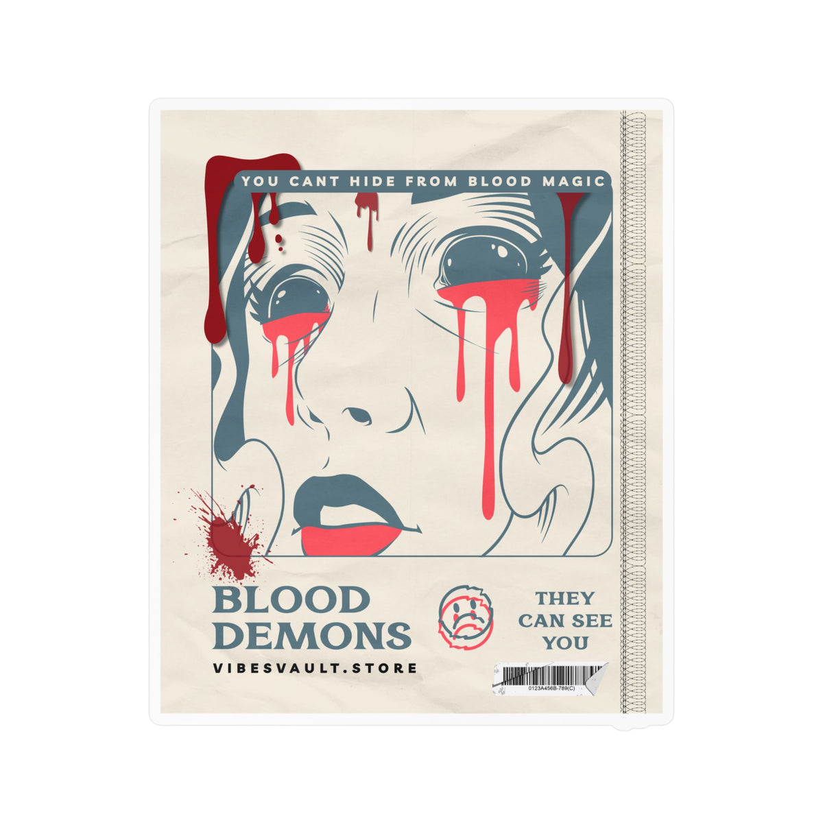 Blood Demons Kiss-Cut Vinyl Decal — Retro Horror Sticker ("You Can't Hide From Blood Magic") — Halloween 2026
