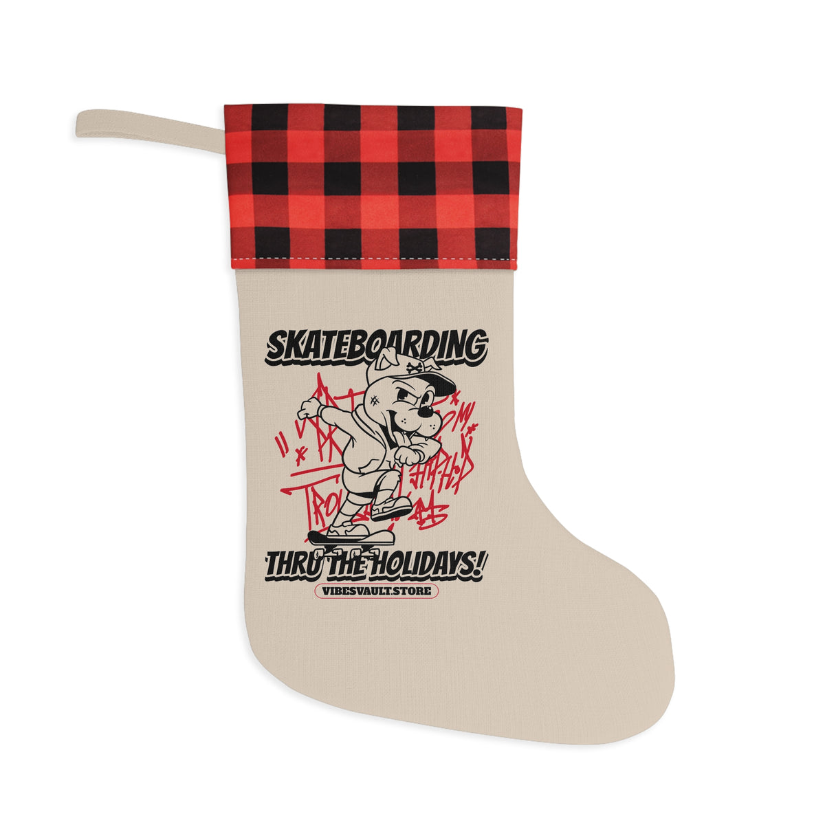 Skateboarding Through the Holidays Christmas Stocking – Red Buffalo Plaid Cuff
