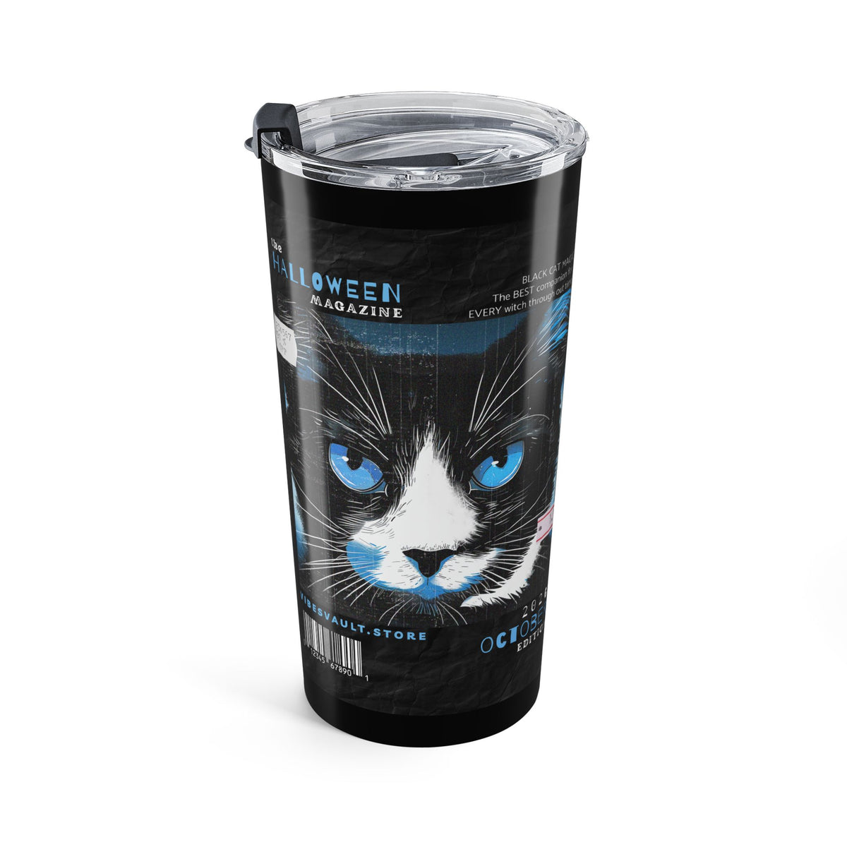 Black Cat Poster 20oz Insulated Tumbler — Blue-Eyed Halloween Movie Night Design— Halloween 2026