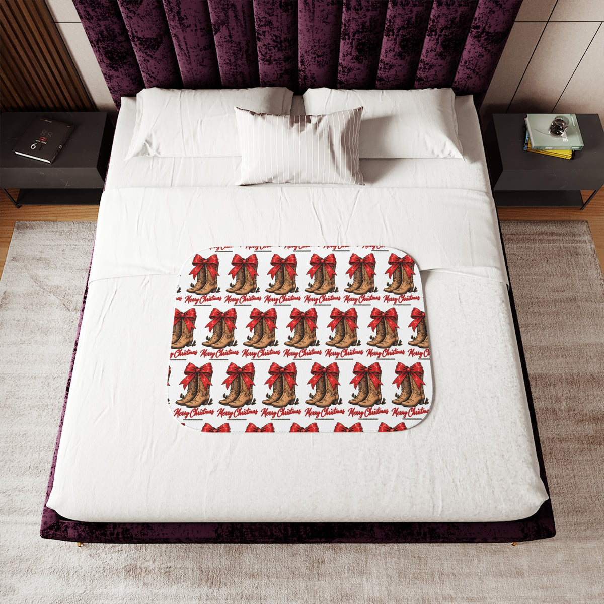 Christmas Cowboy Boots Sherpa Blanket – Merry Christmas Red Bow Holiday Throw