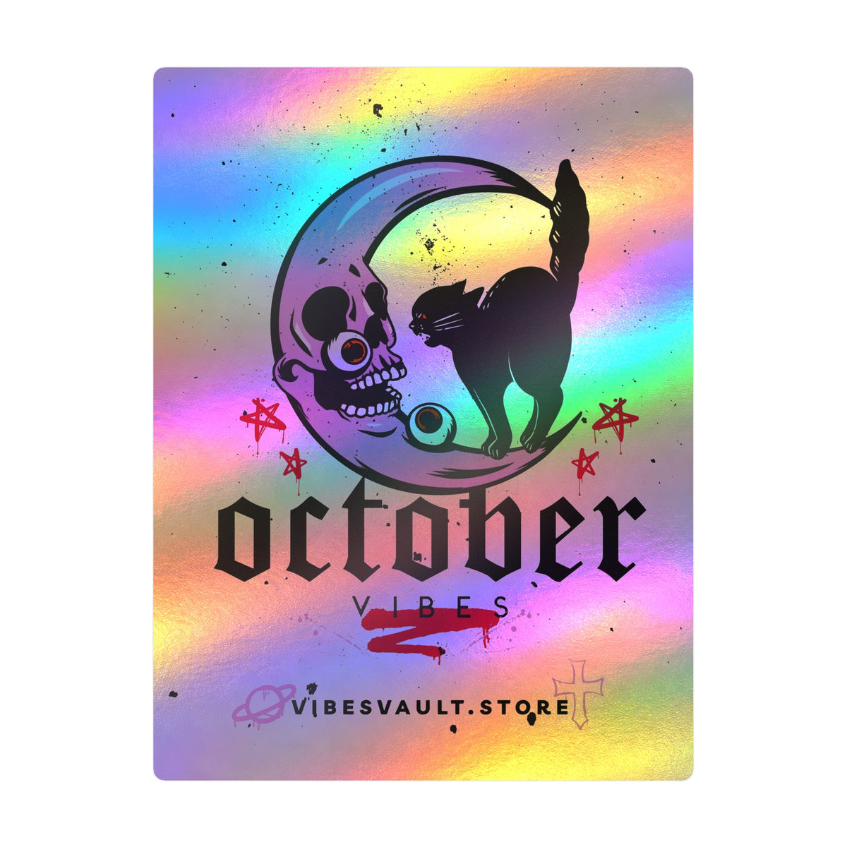 October Vibes Kiss-Cut Vinyl Decal — Halloween Moon Cat Skull Sticker