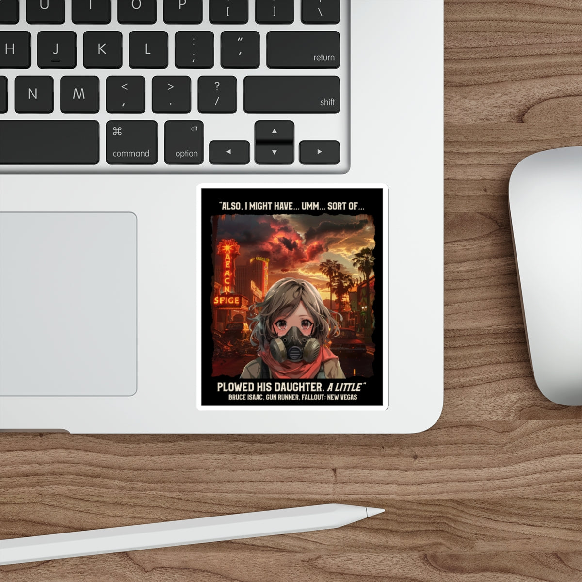 Fallout: New Vegas Quote Die-Cut Sticker — Gas Mask Girl with 'Plowed His Daughter' Caption