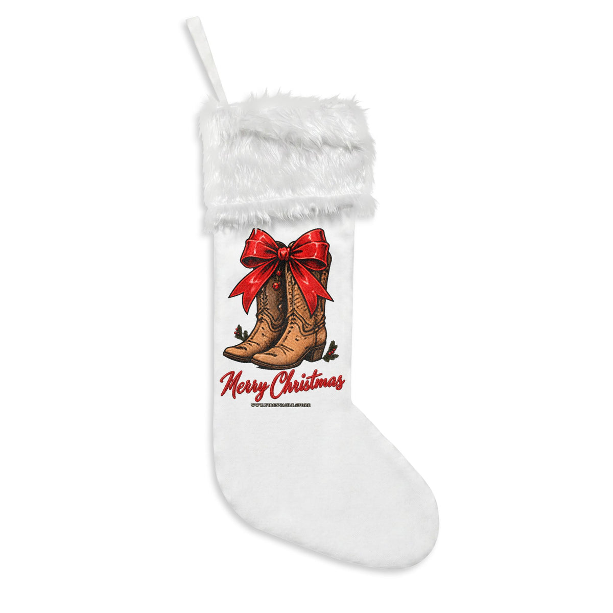 Flannel Christmas Stocking with Cowboy Boots & Red Bow — Merry Christmas Holiday Decor