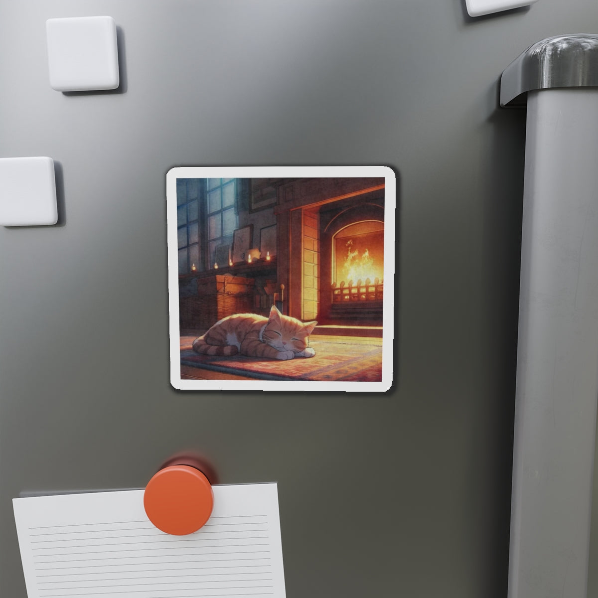 Cozy Fireplace Cat Die-Cut Magnet — Sleeping Kitten Home Décor