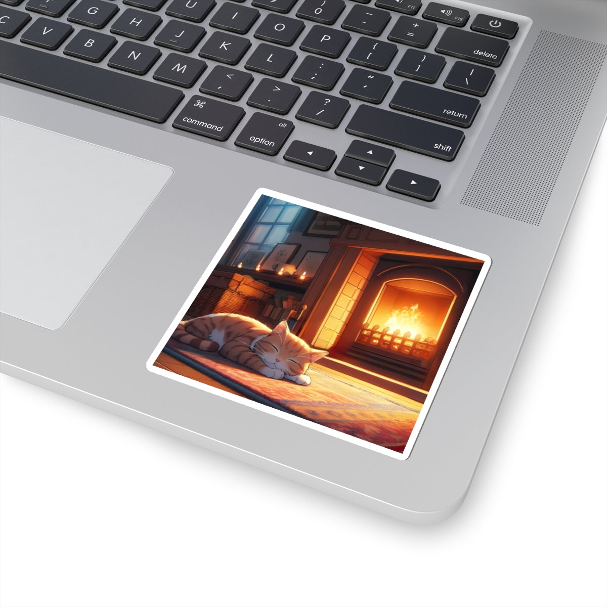Cozy Fireplace Cat Sticker — Sleepy Tabby by the Hearth (Kiss-Cut)