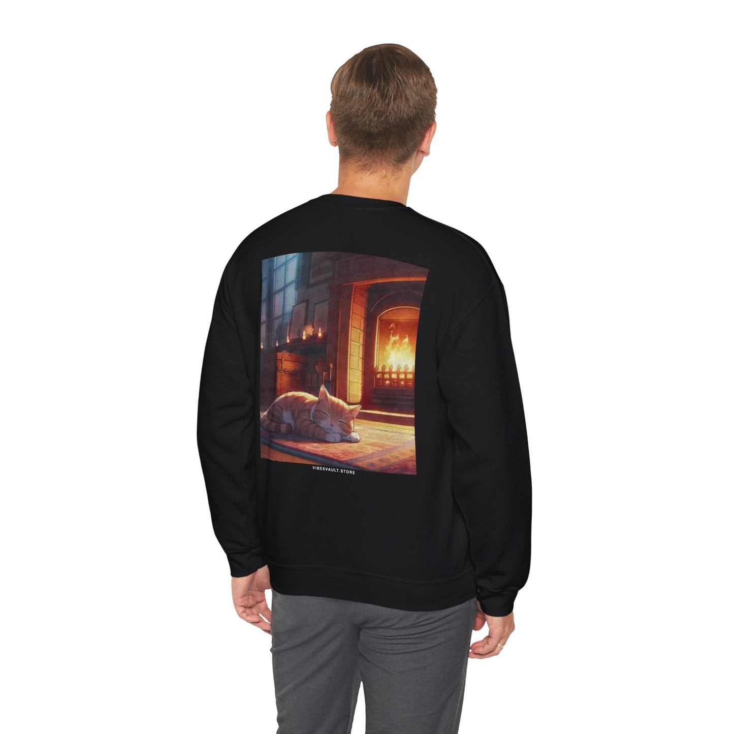 Crewneck Sweatshirt — Cozy Cat by the Fireplace Graphic