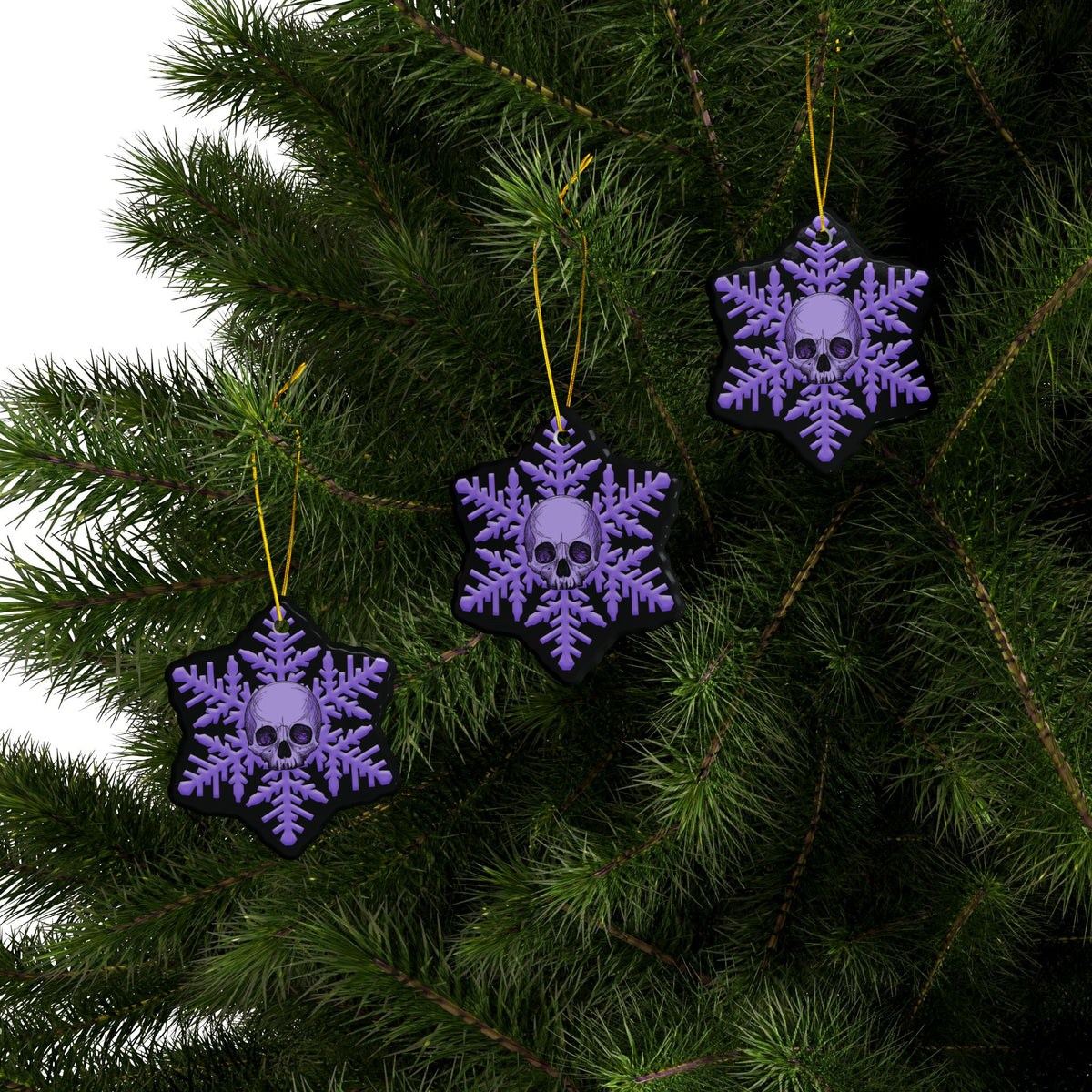 Skull Snowflake Ceramic Ornament — Gothic Purple Holiday Decoration