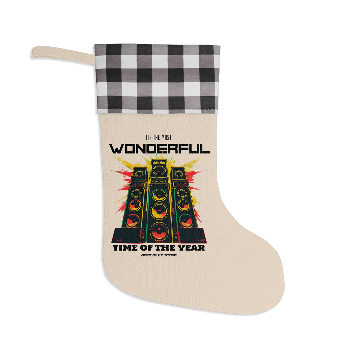 Retro Speaker Christmas Stocking – "Wonderful Time of the Year" Holiday Stocking with Buffalo Plaid Cuff
