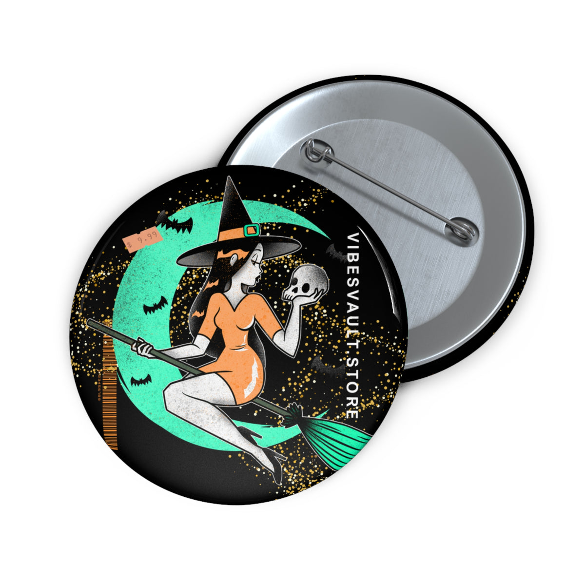 Witch Flying Broom - Orange and Green Stars Magic - Dracula Pin Badge - Fall Halloween 2026